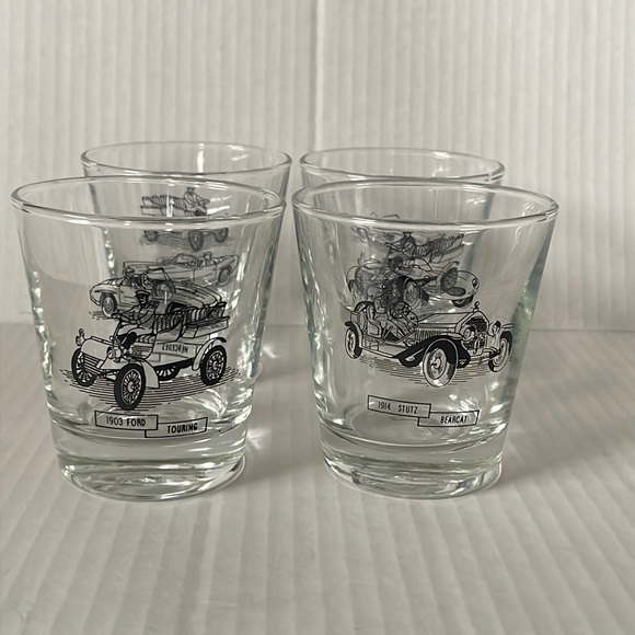 4 Vintage Car Glasses 1903 Ford Touring Mercedes SL Jaguar 1914 Stutz Bearcat - Picture 1 of 8